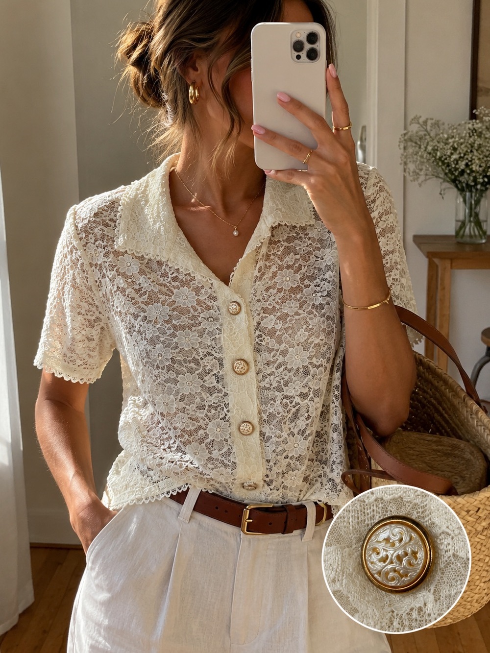 Vintage Sheer Lace Button Front Blouse Mother of Pearl Buttons Ivory M